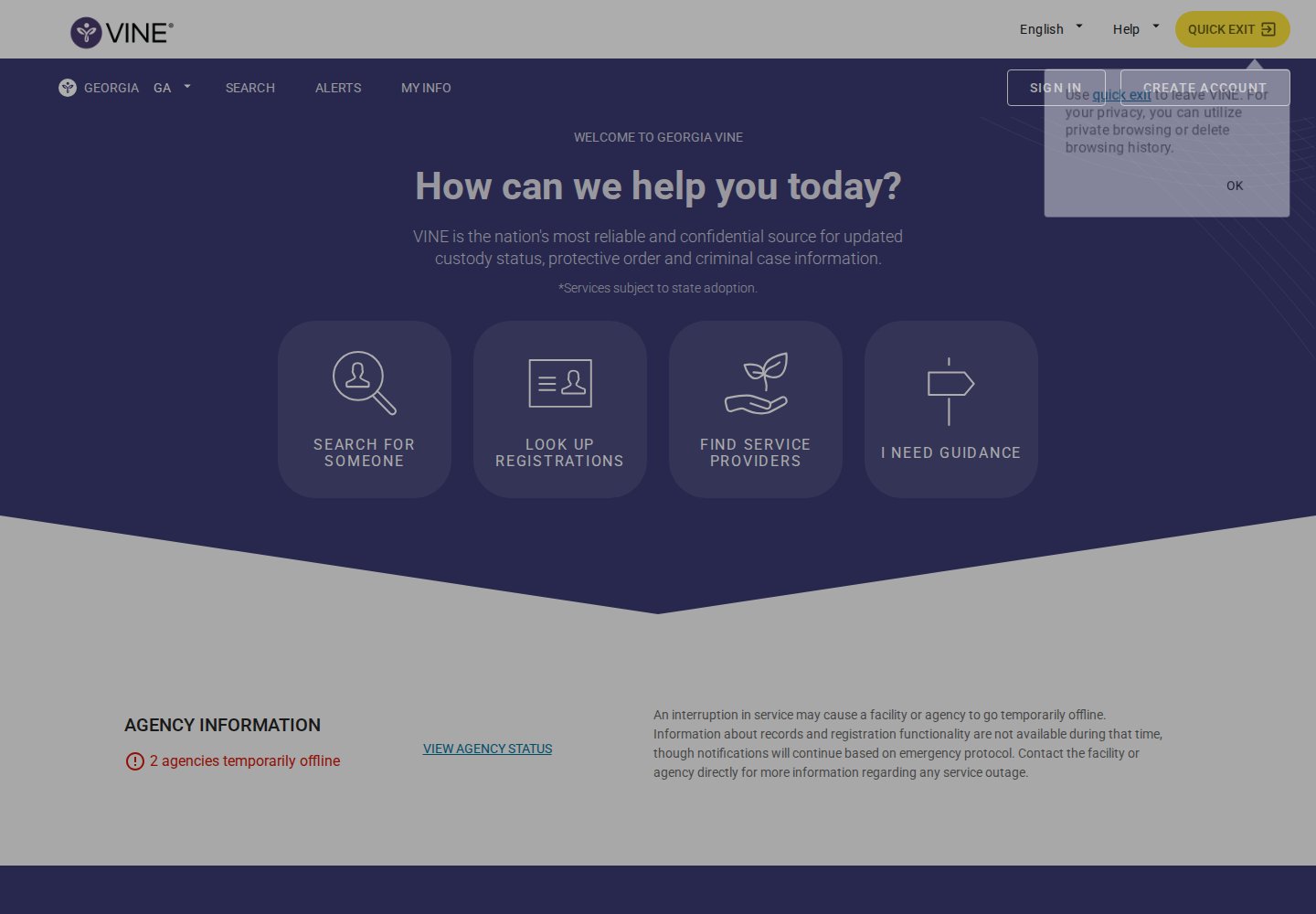 Georgia VINELink custody search and notification interface