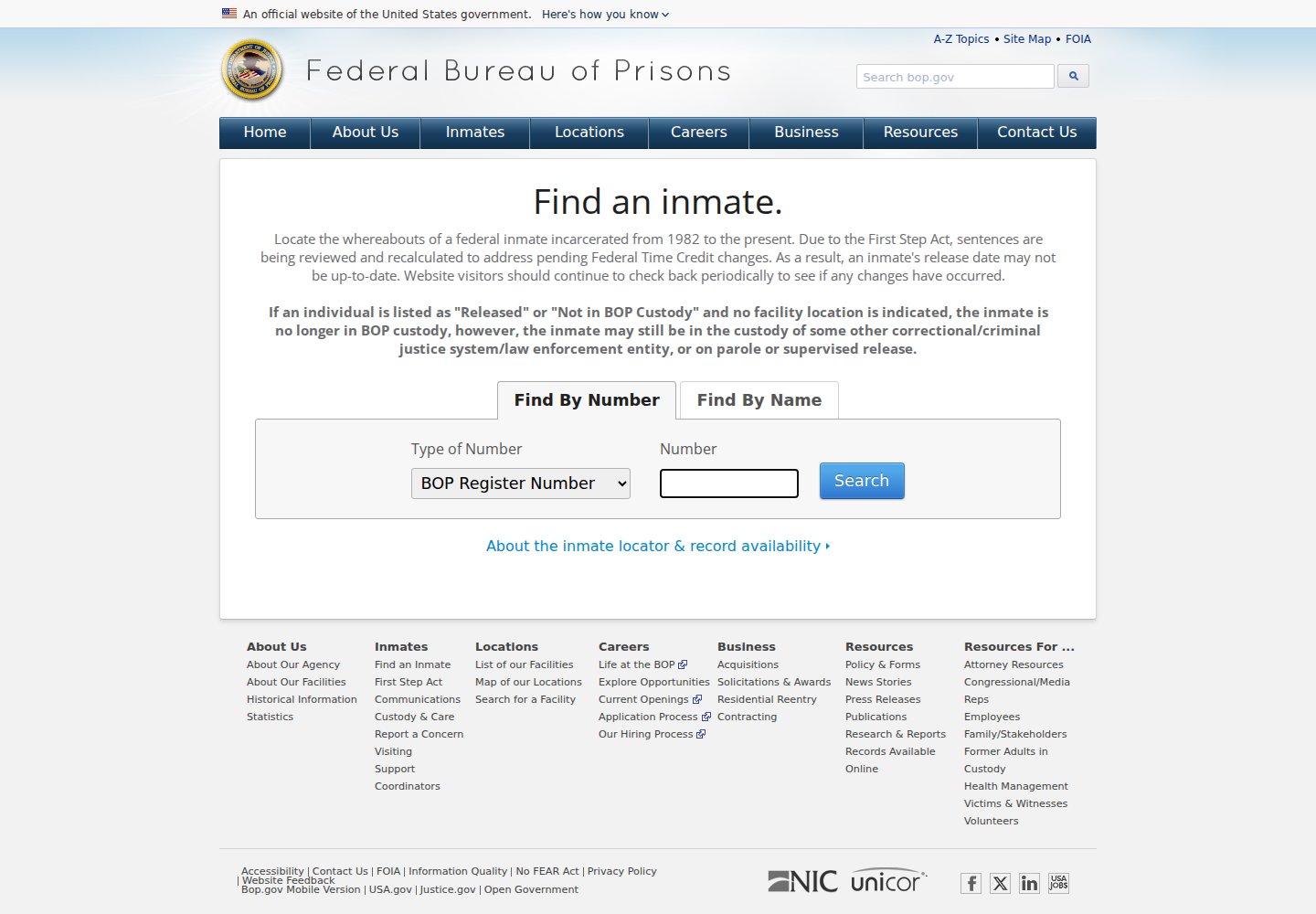 Federal Bureau of Prisons inmate locator for federal custody searches