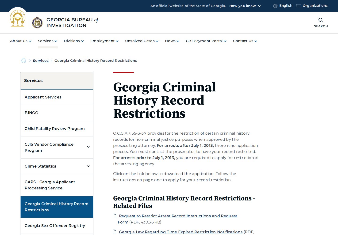 Georgia Bureau of Investigation record restriction guidance for arrest records