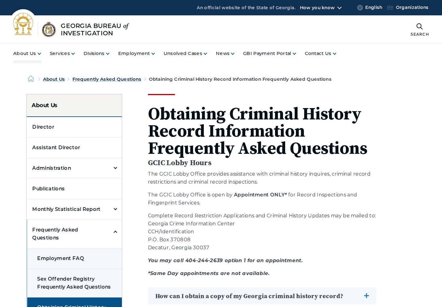 GBI FAQ explaining Georgia criminal history record access and contents