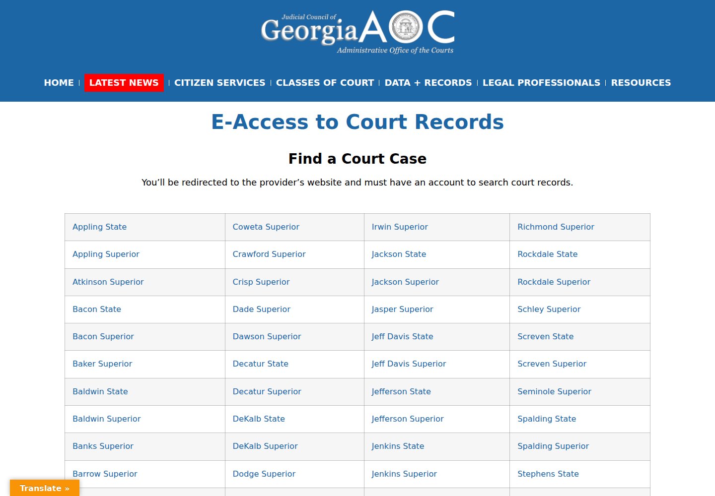 Georgia E-Access directory for McIntosh County court case searches