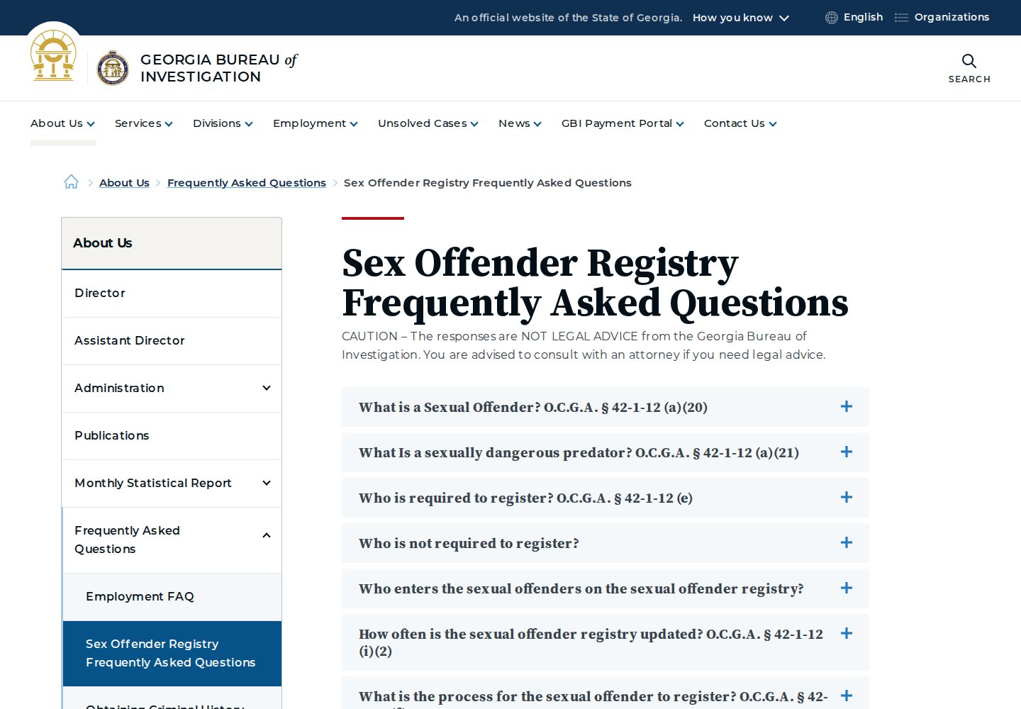 Georgia Bureau of Investigation sex offender registry frequently asked questions page